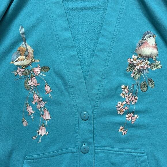 TKO Sportswear Grandma Cardigan S Blue Bird Graphic Granny VTG 90s Ugly Sweater - Picture 5 of 10